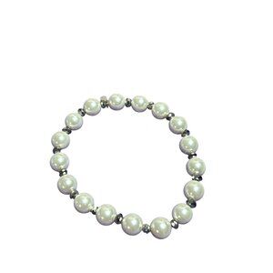 RMN Signed Roman Faux Pearl Stretchy Beaded Bracelet Silvertone Faceted 6.25 inc